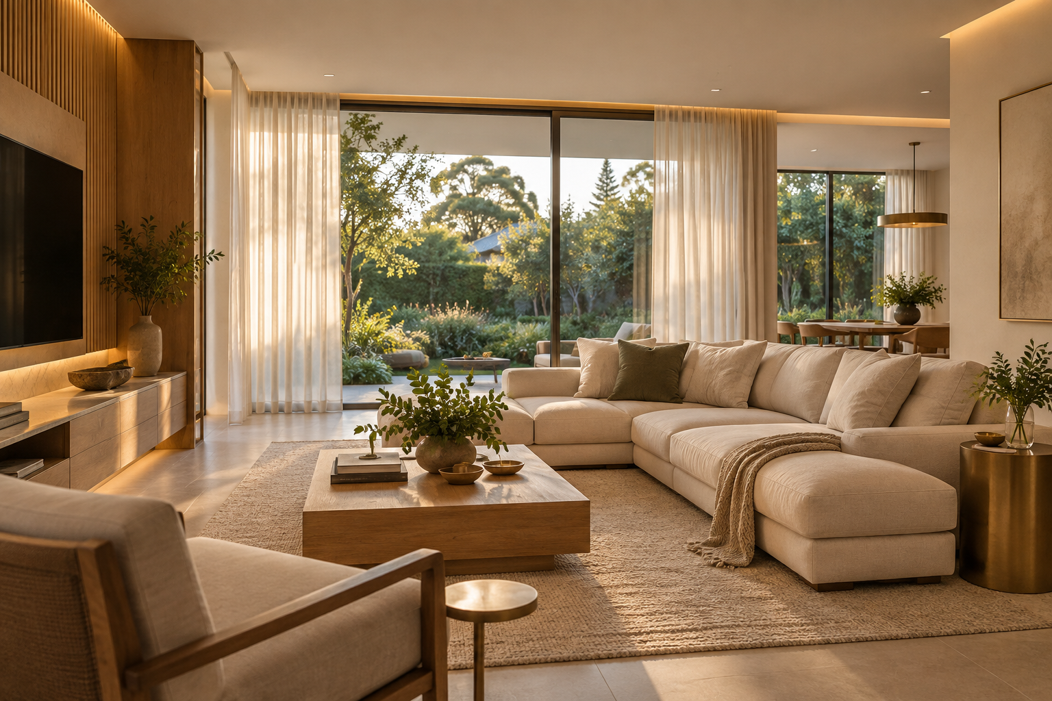 Ambiente ilustrativo de sala com iluminação indireta, cortinas claras e vista para um jardim.